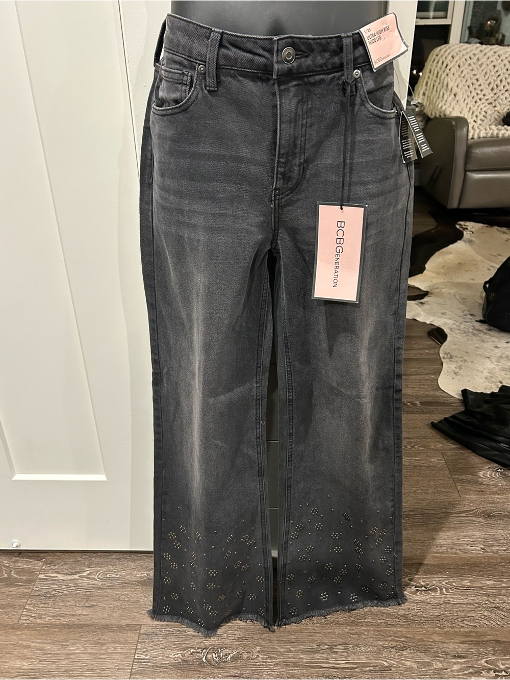 BCBGMaxAzria Black Wide-Leg Jeans with Laser-Cut Hem